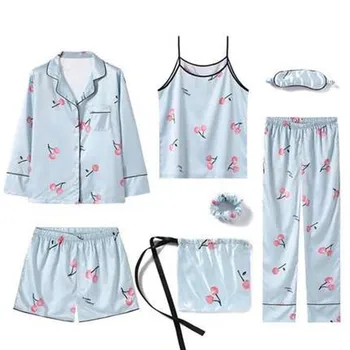 2019 Band Sleepwear Para Pidžamas Sieviešu Vasaras Ledus Zīda Sexy Linga Izmēra Bikses 7Pcs/Daudz Uzvalku Īsām piedurknēm Plānas Zīda Pidžamas