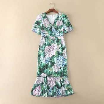 2019 Hydrangea drukas kleita puse V-veida Kakla Vidum Teļš Vidukļa Slim Sirēna Streetwear Vasaras Jaunā modes dizaina kleita sieviešu apģērbs