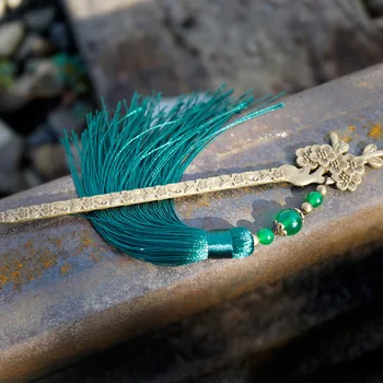 6Desing Etniskā pušķis rotaslietas ilgi zaļā pušķis matu rotas, aksesuāri,bronzas zivju zaļā halcedons vintage cloisonne matu pin