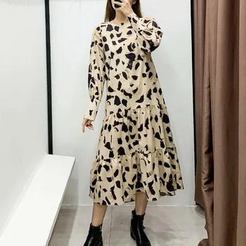 Ar garām piedurknēm dzīvnieku print gara kleita sievietēm o kakla vasaras pavasara gadījuma ruffles leoparda kleita streetwear eleganta kleita dāmas