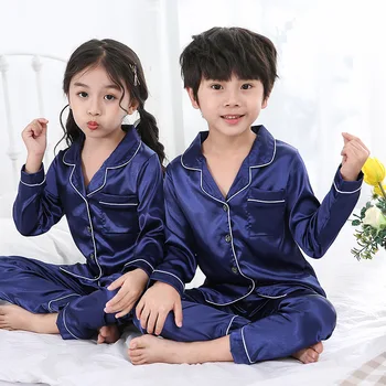 Ar garām Piedurknēm Zīda Pidžamas Meitenēm Zēniem pjs Pavasara Pidžamas Komplekts Zīda Satīna Pijama Bērnu Pidžamas Sleepwear Tērps 6 8 10 12Y