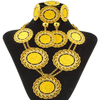 Augstas Kvalitātes Dubaija Zelta Juvelierizstrādājumu Komplekti Sieviešu Vintage Kāzu Zelta Monētas Liela Kaklarota, Kristāla Auskari 24 Zelta Kāzu Rotaslietas