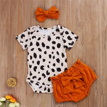 Baby Toddler Meitenes Vasaras Apģērbu Komplekti Jaundzimušais Meitenes Īsām Piedurknēm Leopards Drukāt Kombinezonus Topi+Bowknot Bikses+Galvas Stīpa
