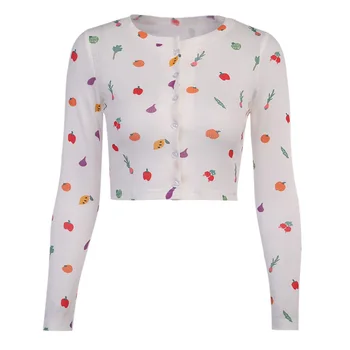 Beyouare gudrs ķiršu iespiests t krekls ar garām piedurknēm pogas jakas pavasara crop topi, sieviešu 2020. gadam elegants ikdienas mīkstu kokvilnas tee augšu
