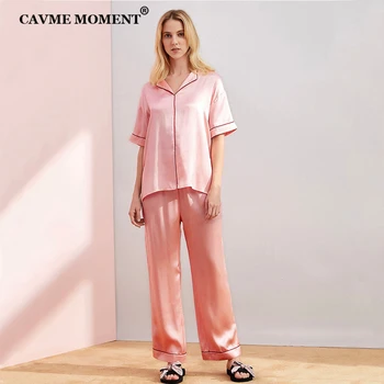 CAVME Tīra Zīda Pidžamas Komplekti Sievietēm, Dāmas Luksusa Sleepwear 2 Gabali Īsām Piedurknēm Homewear Pilnas Bikses tīrtoņa Krāsu Naktsveļu