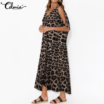 Celmia Bohēmietis Dress Sievietes Sexy Leopards Drukāt Ilgi Sundress Pie Pleca ar Īsām Piedurknēm Gadījuma Vestidos Plus Lieluma Puse Drēbes 5XL