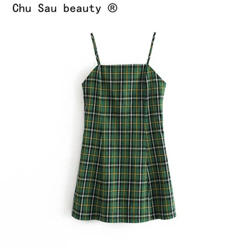 Chu Sau skaistuma Sexy Stilā Vintage Pleds Iespiesti Midi Siksna Kleita Sievietēm Jaunu Salds Šiks Slim Mini Kleitas Vestidos De Verano