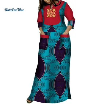 Dashiki Āfrikas Kleitas Sievietēm Bazin Riche Aplikācijas Drukāt Garas Kleitas ar 2 Kabatām Tradicionālo Āfrikas Apģērbu WY3620