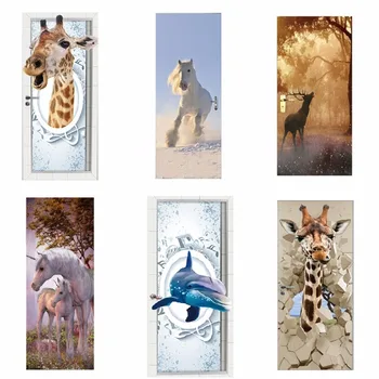 Durvju Uzlīmes 3D Žirafe Zilonis, Tīģeris, Zirgs Dzīvnieku Dzīvojamās Istabas Durvis, Dekoratīvās Plakāti Ūdensizturīgs Mākslas Tapetes Guļamistabā