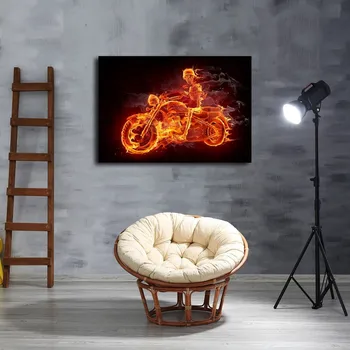 Dzīvojamās Istabas Sienas Mākslas Audekls Attēlu 1 Gab., Uguns Dūmi Biker Glezniecības Mājas Dekoru Izdrukas Skelets Motociklu Galvaskausa Plakātu Rāmis