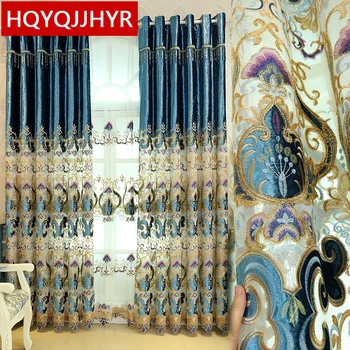 Eiropas klasisko luksusa flaneļa aizkari Dzīvojamā Istaba high-end pasūtījuma zilā krāsā izšūti aizkari Guļamistabai/Virtuve