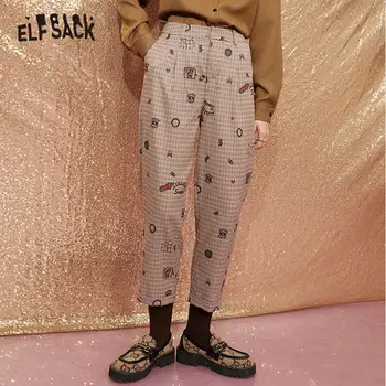 ELFSACK Pleds Smieklīgi Grafikas Britu Taisni Gadījuma Sieviešu Bikses,2020. Gada Rudenī ELF Vintage Augsts Viduklis ,korejiešu Dāmas Ikdienas Bikšu