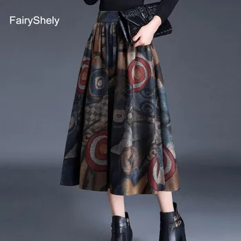 Fairyshely Vintage Augsta Vidukļa Kroku Svārki Sievietēm 2020. Gadam Vilnas Ziedu Midi Svārki Korejas Plus Lieluma Gari Svārki Ar Kabatas