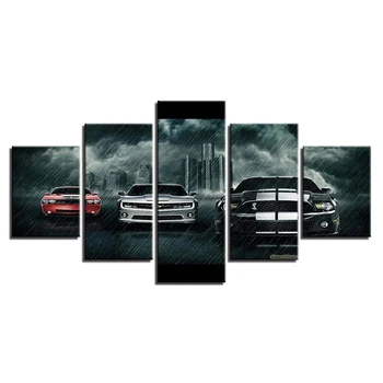 Glezna Uz Audekla Sienas Māksla Karkasa Mājas Dekoru Istabā HD Iespiests 5 Panelis Moduļu Attēlu Mustangs Auto Lietus Plakāts