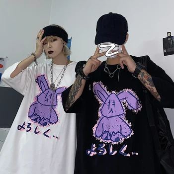 Harajuku T Krekls Sievietēm Ulzzang korejas punk black Vintage Topi trušu karikatūra izdrukāt dropshipping apģērbu plus lieluma īsām piedurknēm