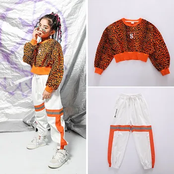 Hip Hop Kostīms Meitenēm Leopard Kultūraugu Top Sweatershirt Jogger Bikses Bērniem, Deju Tērpi Džeza Ielu izrādes, 110-180cm
