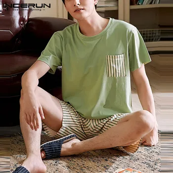 INCERUN Modes Vīriešu Pidžamas Komplekti, Atpūtas Ērti Homewear Ir 2021. Svītrainām Raibs Sleepwear Bikses Vīriešu Naktsveļu Komplekti S-5XL