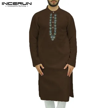 INCERUN Musulmaņu arābu Islāma Kaftan Vīriešiem Apdrukāta Kokvilnas garām Piedurknēm Vintage Drēbes Abaya Dubaija Tuvo Austrumu Musulmaņu Vīriešu Jubba Thobe