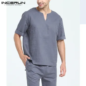 INCERUN Vīriešu Modes vienkrāsainu Īsām Piedurknēm Gadījuma Pidžamas Komplekti Komfortu Kokvilnas Homewear Baggy Dienas Mīkstu Vīriešu Lounge Sleepwear