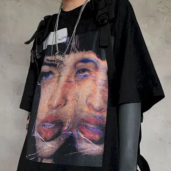 Ins Eiropā high street tumši bēru sub-piespiedu portreta druka hip-hop retro zaudēt īsām piedurknēm T-kreklu apdruka vīriešu sieviešu