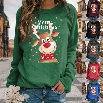 Ir 2021. Neue Ziemassvētku Sieviešu Krekls Gadījuma Plus Lieluma Ziemassvētku Elk Drukāšanas Sieviešu Topi O Apkakli, Garām Piedurknēm Džemperis Streetwear