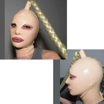 Jauns dizains eksotisko sexy transvestite apakšveļa roku darbs nuder krāsas lateksa kapuces maska cekc ar izvadu Savītas pīnes parūka fetišs