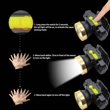 Jaunās Žestu sensors T6 led lukturi, lukturu lielos attālumos usb augstas spēcīgu galvas lampas gaismas lukturītis lukturītis ar akumulatoru laternas