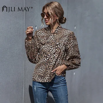 JLI VAR Sievietes Leopard Krekli Rudenī O-veida Kakla Laternu Piedurknēm Gadījuma Zaudēt Blūzes Streetwear