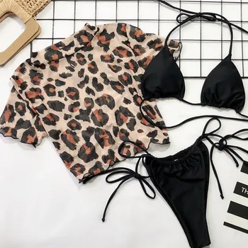 Jo-X Brazīlijas peldkostīms sievietēm Leopard bikini 2020. gadam Triangle Pavada peldkostīmi sieviešu Acu īsām piedurknēm 3-gabals tērps, peldkostīms