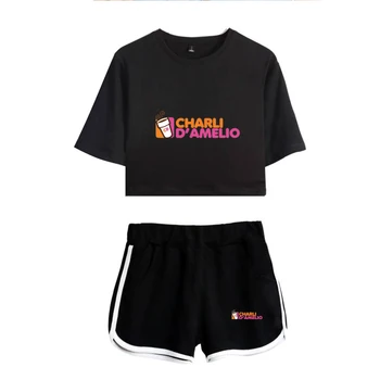Karstā Pārdošanas Charli DAmelio Ledus Kafijas Murmināt Sievietes Divas Gabals, kas Sexy Cute Šorti+T-krekls ar Īsām Piedurknēm Kpop Sporta tērps Vasarā