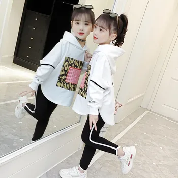 Korejiešu Bērnu drēbītes Pavasara, Rudens Bērniem Tērpiem Modes Kapuci sporta Krekli + Melnas Bikses Pusaudžu Meiteņu Apģērba Komplekts 10 12Y