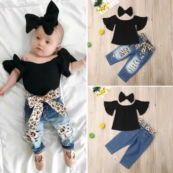 Meiteņu Apģērbu Komplekti 2019 New Baby Girl Tērpiem baby girl vasaras apģērbs Bērniem, Apģērbs Vestes Top T krekls+ Leopard Elsas Set 3PCS