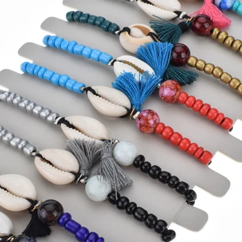Modes Dabīgā Akmens Pīt Rokassprādzes Multicolor Sēklu Pērlītēm Shell Kokvilnas Tassle Regulējams Ķēdes, Aproces Dāvana Sieviešu Rotaslietas