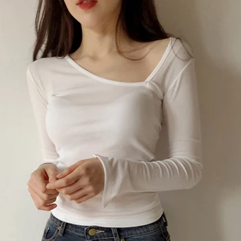 Modes jaunas ielidošanas korejas pamata bouncy t-krekls salds gadījuma sexy lady OL pie pleca slim cietā augsta elastība t-krekls