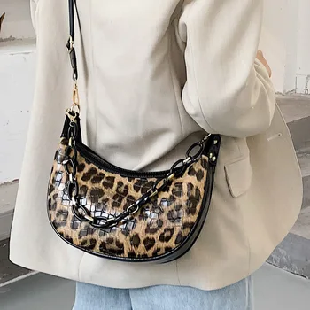 Modes Leopards drukāt wqomen padusē spilvenu Akrila ķēdes sieviešu Plecu Somas PU ādas Crossbody somas, nelielas somiņas un somas