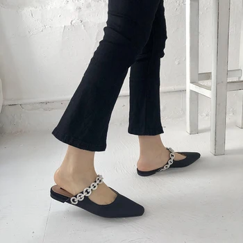 Modes Sieviešu Čības Rhinestone Gredzens Ķēdē, Dizaina Gludie Dobie Papēžiem Melnu Bēša Bling Slaidi Flip Flops Dzīvokļi Pludmales Apavi