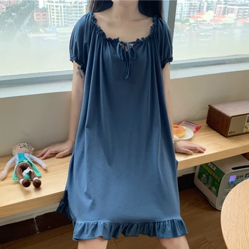 Nightgowns Sievietes Cieta Mežģīņu Aukliņu Puff Piedurknēm Japāņu Stilā Salds Sleepwear Ruched Regulējams Jauki Elpojošs Vienkārši