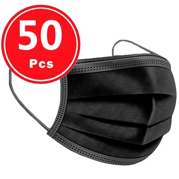Noliktavā 50gab Black Vienreizējās lietošanas neaustu 3-slāņu Sejas Maska Elpojošs Maska Ar Elastīgu Earband Elpojošs Pieaugušo Mutes Maska