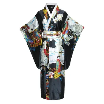 Onesize Japāņu Sieviešu Peldmētelis Kimono Kleita ar V-veida kakla Satīna Vakara Puse Balles Kleita Vintage Cosplay Kostīmu Pilnu Piedurknēm Kleita