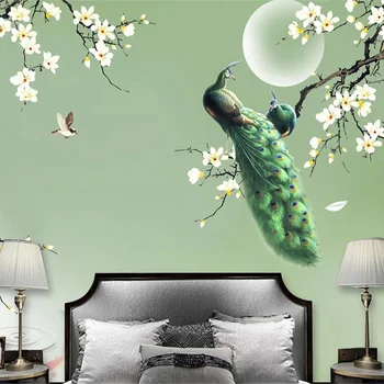 Pasūtījuma Sienas Tapetes Ķīniešu Stilā, ar Roku apgleznotus Magnolijas Zaļais Pāvs Ziedi Putnu Foto tapešu Dzīvojamā Istabā TV 3D Fresco
