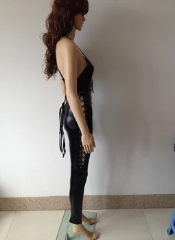 Plus Izmērs 3XL 4XL 5XL Sexy Sievietes Melnā Lateksa Catsuit Kostīmu Karstā Erotiska Mākslīgās Ādas Bodysui Mežģīnes Up Jumpsuit Catwoman Clubwear