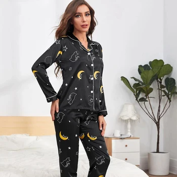 Plus Lieluma Pj Komplekti Sievietēm, kas Zīda Satīna Pidžamas Pidžamas Komplekts Sleepwear Long Sleeve Pidžamas Gudrs Augšu un Garas Bikses Pijama Sleepwear