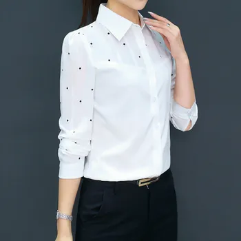 Polka Dot Print Šifona Balts Krekls Sievietēm Ar Garām Piedurknēm Pavasara Rudens Modes Topi Biroja Blūzes Slim Korejiešu Darbu Gadījuma Blusas