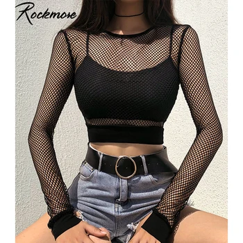 Rockmore Acs Pārredzamu T Sievietēm Bodycon Garām Piedurknēm Kultūraugu Top Tee Kreklu Dāmas Skatīt Siles Streetwear Fishnet Pamata T Krekls