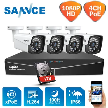 SANNCE 4CH XPOE 1080P VRR CCTV Video Novērošanas Komplekti 4GAB 2MP 1920*1080 Ūdensnecaurlaidīgu Indoor/Outdoor Drošības IP kamera 1 TB HDD