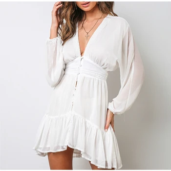 Sexy Ienirt V Kakla Sieviešu Vasaras Balta Kleita Balta Mežģīņu Long Sleeve Mini Puse Kleita Rudens Dāmas Savirmot Elegants Apģērbs