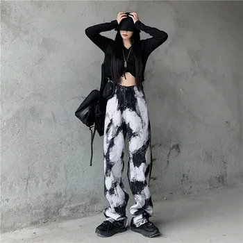 SHENGPALAE Sieviešu Streetwear Džinsi ir 2021. korejiešu Stilā, Tie-dyed Zaudēt Augsto Vidukli, Taisna, Plata Kājas Kovboju Bikses Moderns ZT1240