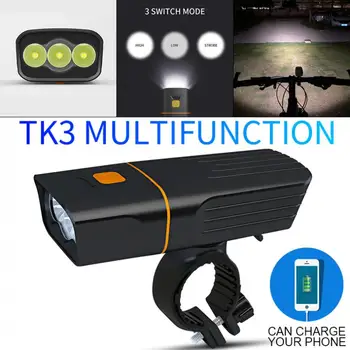 TK3 3T6 LED USB Lādējamu Power Bank ar 3 Režīmiem un 360 Grādu Rotācijas Leņķis Ūdensnecaurlaidīgs Velo Lukturu Nakts Izjādes