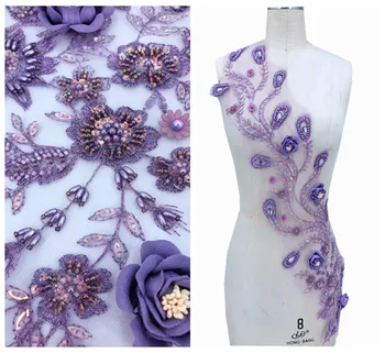 Trīsdimensiju gaiši violetu mežģīņu aplikācijas ar handsewing krelles rhinestones plāksteri 72*17cm balles kleitu aksesuārs