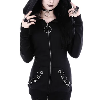 Tumši Gothic Kapuci Zip Up Punk sporta Krekls Poleron Mujer Ir 2021. Gredzenu Rāvējslēdzēju Kniežu Izpušķot pelēkā vārna Plus Lieluma Hoodies Sieviešu 5xl